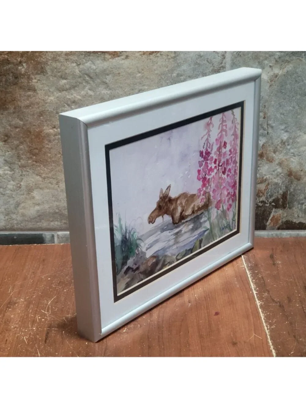 Watercolor Painting Art Print Moose in Water Pink Flower Signed MarLynk